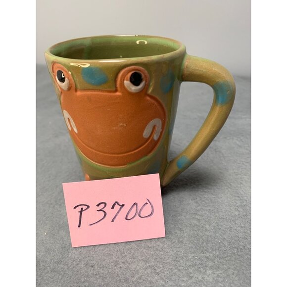 Handmade 1980s Frog Face Ceramic Mug with Blue Polka Dots & Green/Orange Glaze - Picture 9 of 9